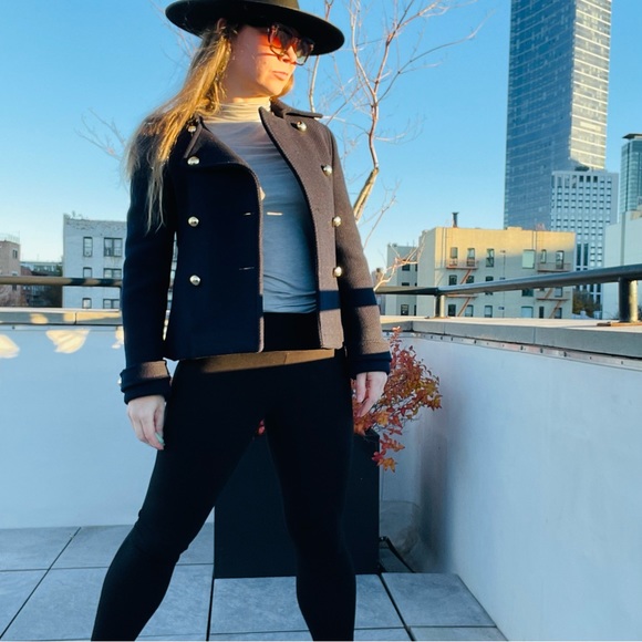 Coach 100% WOOL Gold Buttons Blazer Crop Thick Wool Windbreaker Blazer Pea Coat - Picture 15 of 17